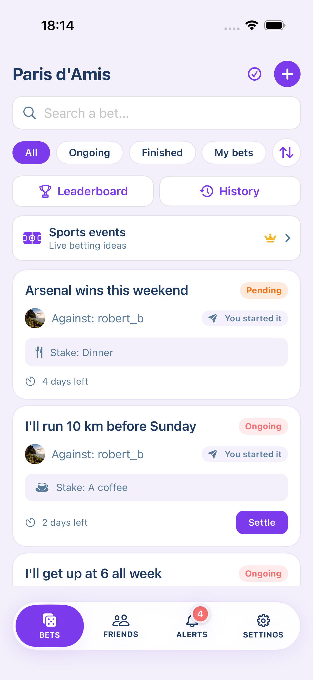 The feed of running bets in Paris d'Amis