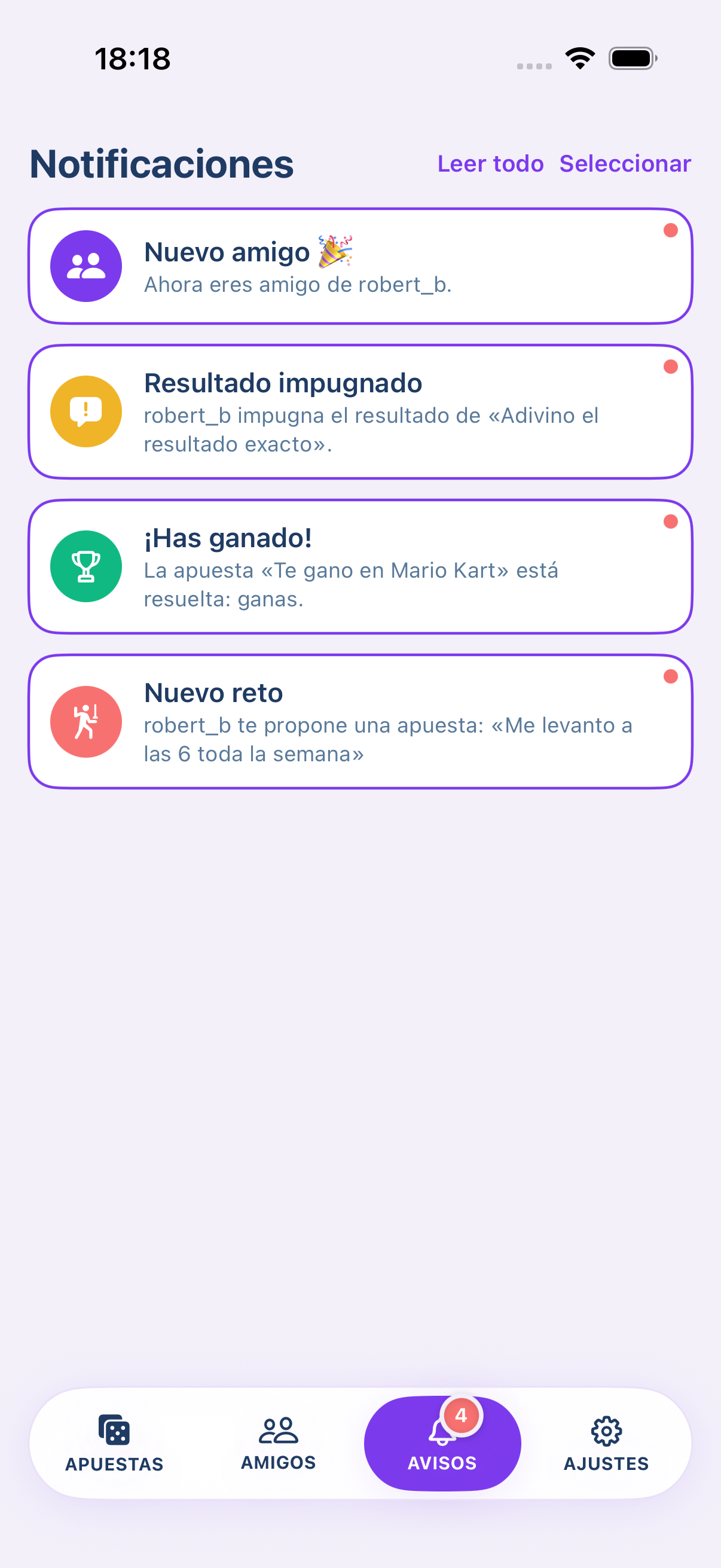 La pantalla de notificaciones de Paris d'Amis