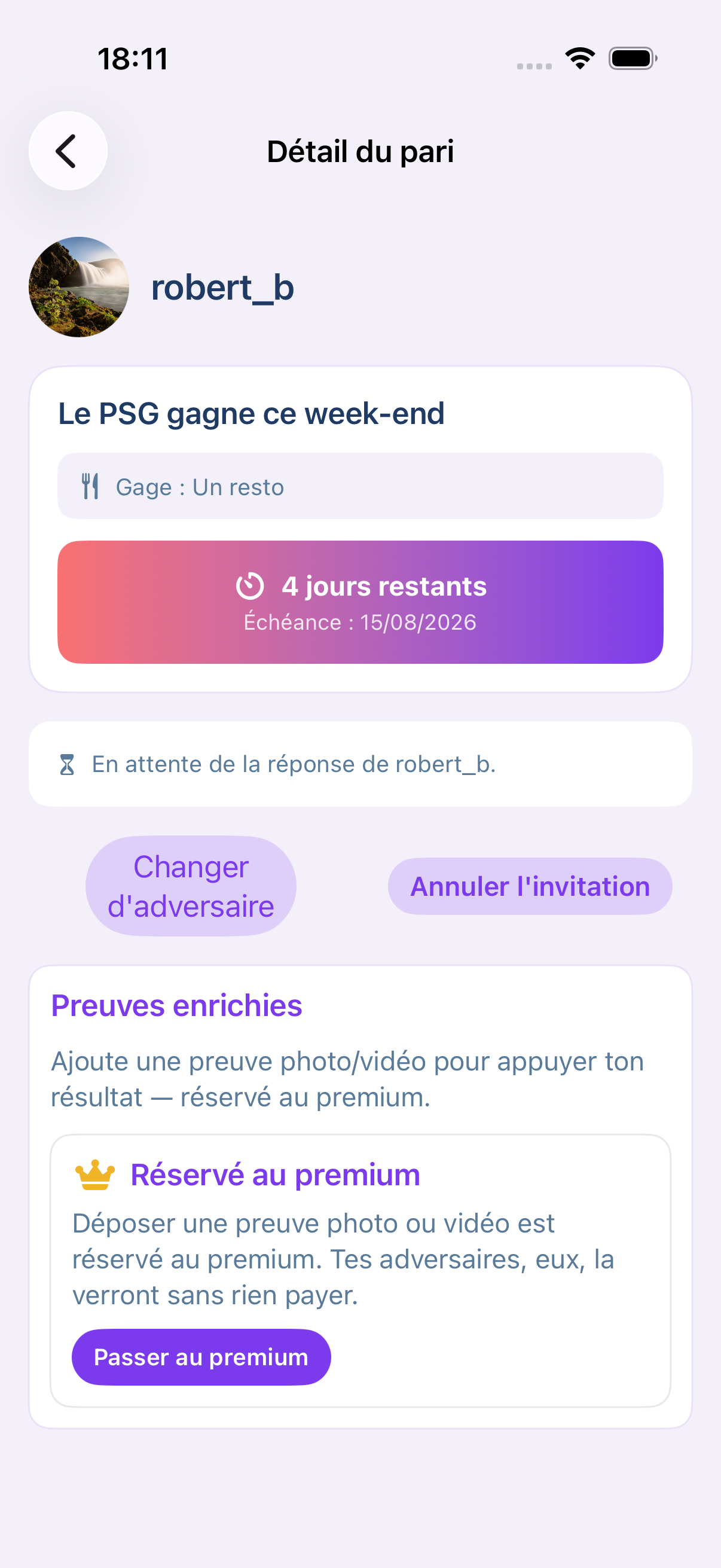 Le détail d'un pari : gage, échéance, adversaire