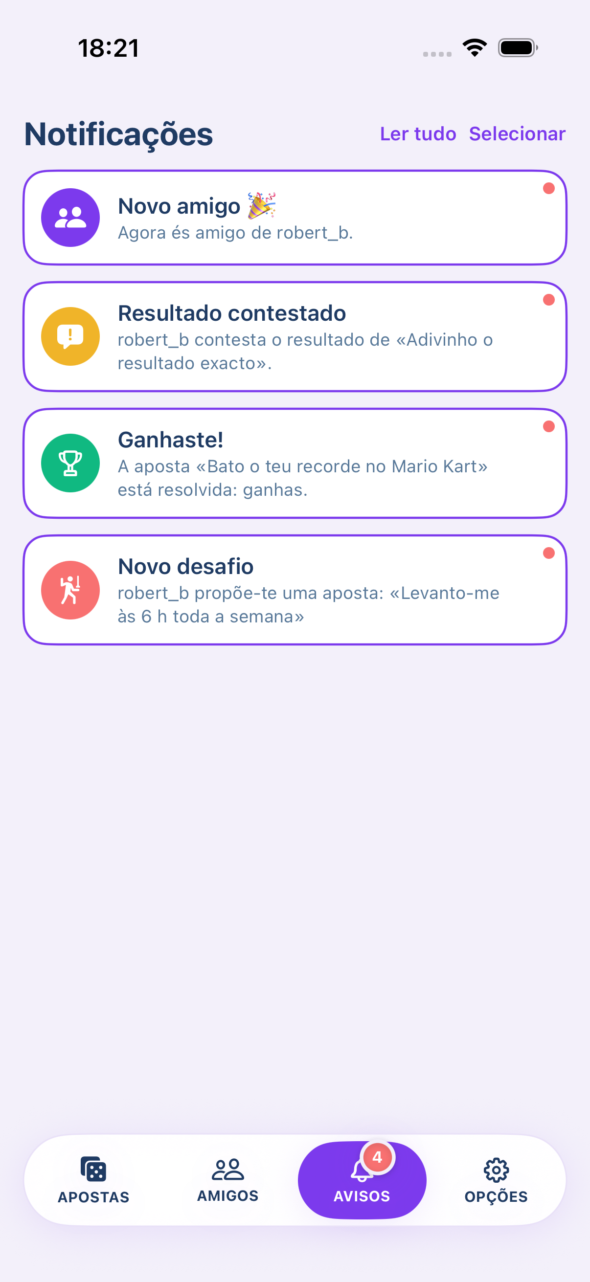 O ecrã de notificações do Paris d'Amis