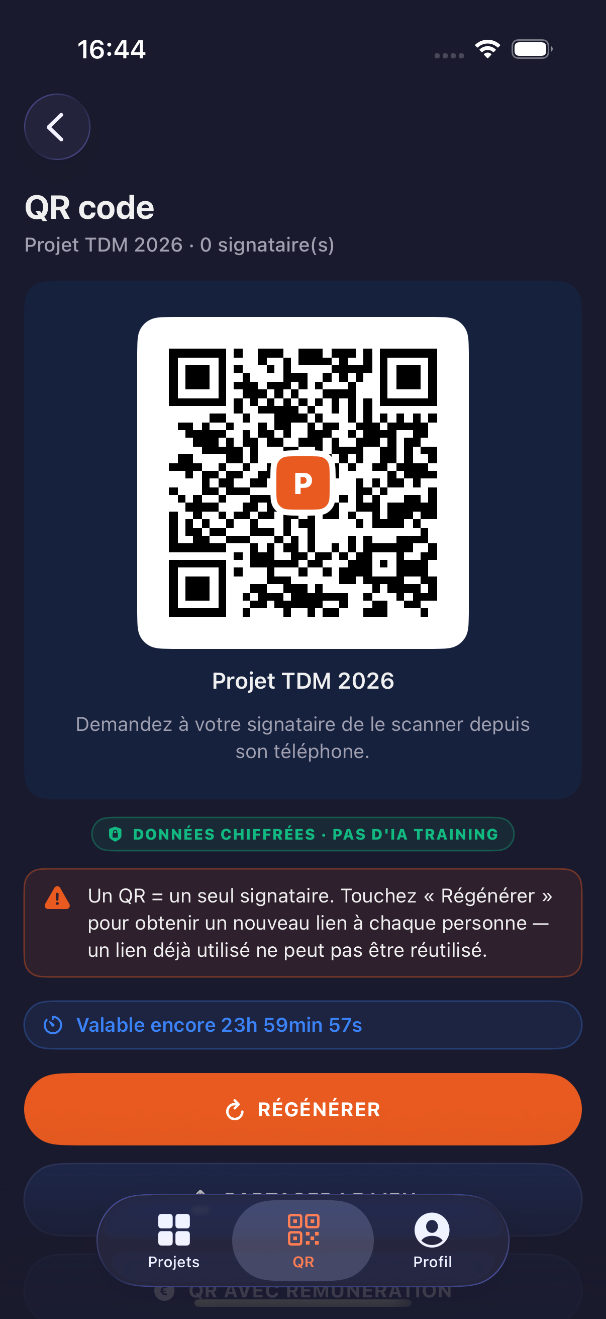 Écran QR code généré dans l'app PixConsent