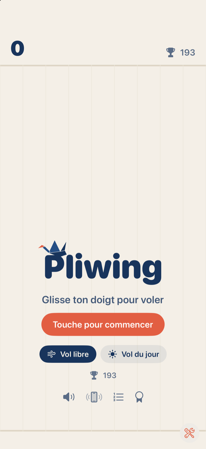 Der Startbildschirm von Pliwing: Freier Flug, Flug des Tages und Bestwert